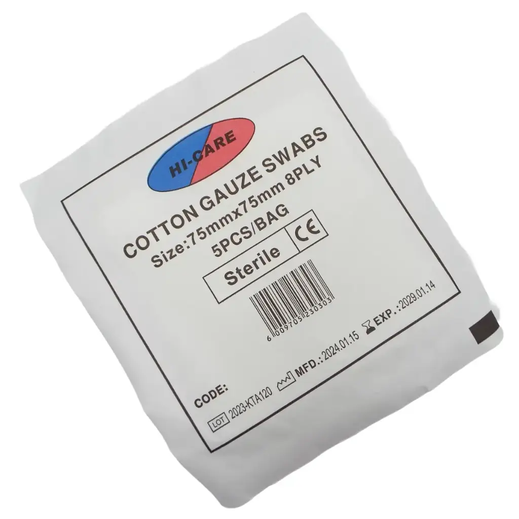 Sterile Cotton Gauze Swabs 75x75mm (8-Ply) – Pack of 5 | First Aid Wound Care Dressing